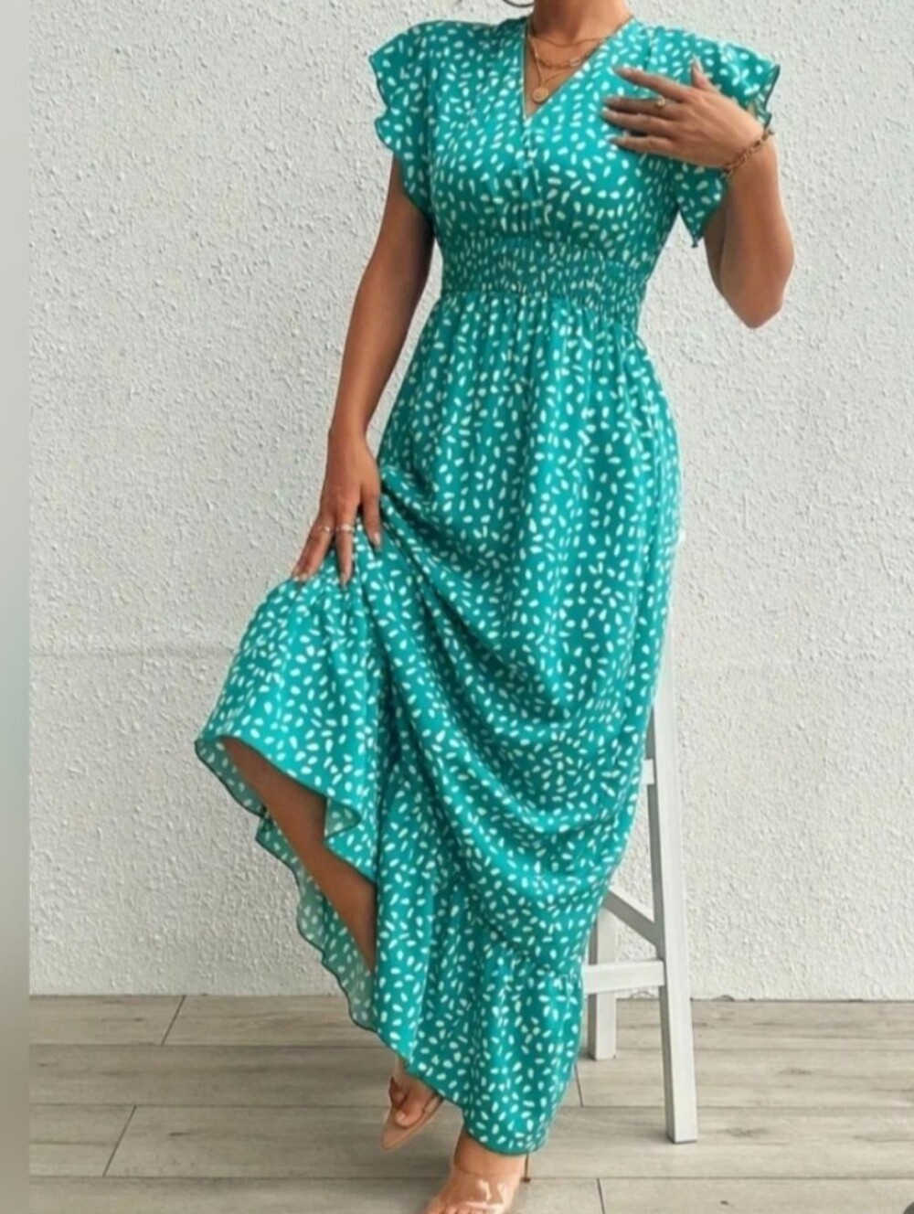 Teal Printed Maxi Dress with Flutter Sleeves